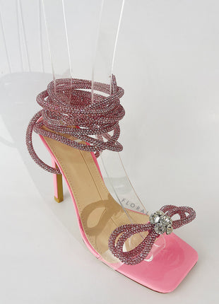 Diamante Bow Lace Up Clear Perspex Open Toe Stiletto Sandals - Pink