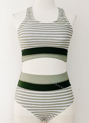 Striped Colorblock Cut Back Crop High Waisted Bikini Set