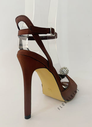 Satin Crystal-Embellished Balls Peep-Toe Heeled Sandals