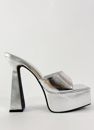 Faux Leather Open Square Toe Platform Block Heeled Mule Sandals