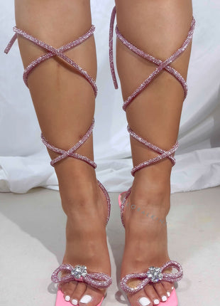 Diamante Bow Lace Up Clear Perspex Open Toe Stiletto Sandals - Pink