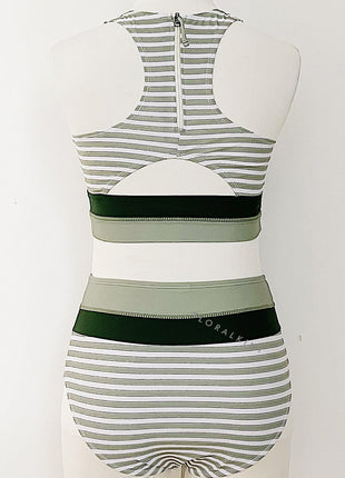 Striped Colorblock Cut Back Crop High Waisted Bikini Set
