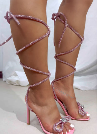 Diamante Bow Lace Up Clear Perspex Open Toe Stiletto Sandals - Pink