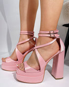 Satin Strappy Square Open Toe Double Platform Block Heeled Sandals