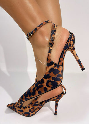 Leopard Print Pointed Toe Slingback Ankle Strap High Heels