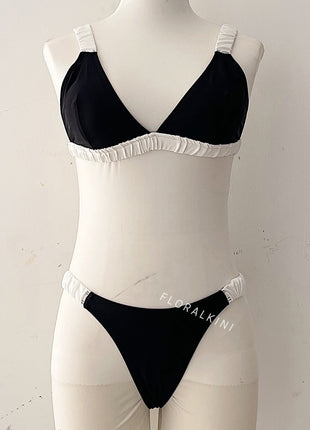 Color Block Triangle Ruched Fixed Bikini Set