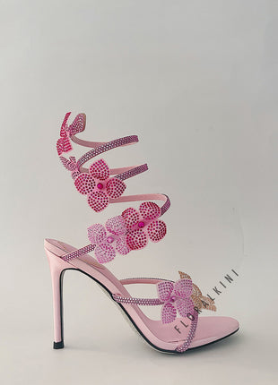 Crystal-Embellished Flower Around The Ankle Coil Stiletto Sandals