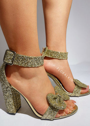 Glitter Bow Detail Statement High Block Heel - Gold