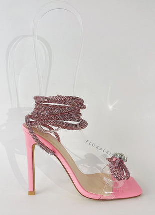 Diamante Bow Lace Up Clear Perspex Open Toe Stiletto Sandals - Pink