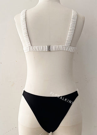 Color Block Triangle Ruched Fixed Bikini Set