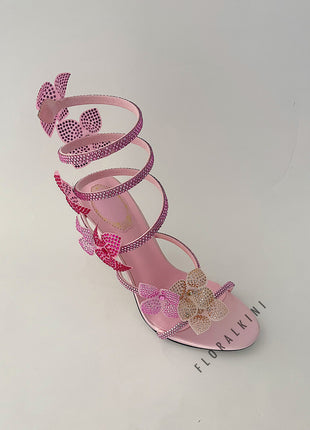Crystal-Embellished Flower Around The Ankle Coil Stiletto Sandals