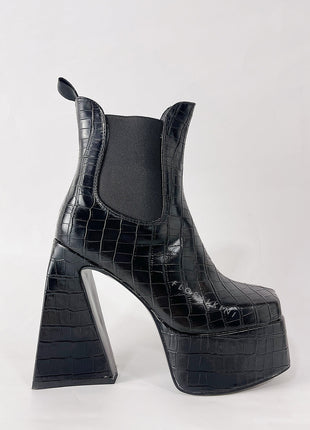 Croc Platform Square Toe Statement Block Heel Ankle Boots