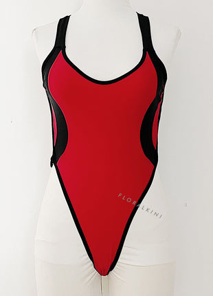 Color Block V Neck High-Cut One Piece Swimsuit - Black & Red