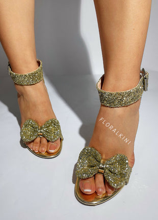 Glitter Bow Detail Statement High Block Heel - Gold
