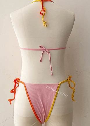 Contrast Colorblock String Halter Triangle Tie Side Bikini Set