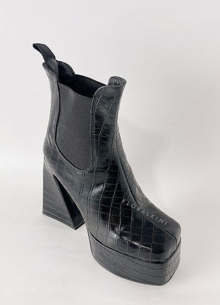 Croc Platform Square Toe Statement Block Heel Ankle Boots