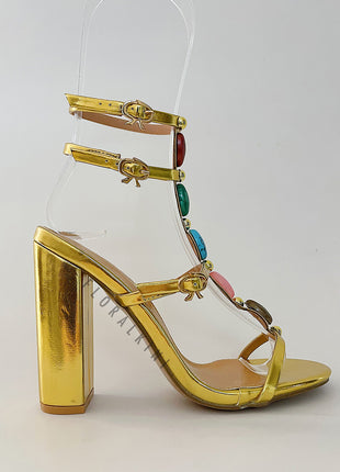 Metallic Gold High Block Heeled Sandals With Gemstone T-Strap