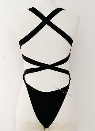 Color Block V Neck High-Cut One Piece Swimsuit - Black & Red