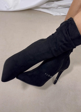 Faux Suede Ruched Detailed Mid-Calf Slouch Stiletto Heel Boots