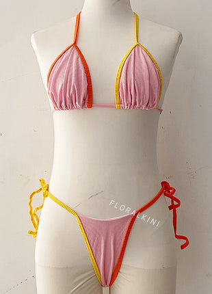 Contrast Colorblock String Halter Triangle Tie Side Bikini Set
