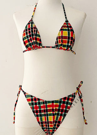 Multi Gingham Triangle Halter Tie Side Bikini Set