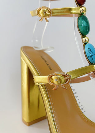Metallic Gold High Block Heeled Sandals With Gemstone T-Strap