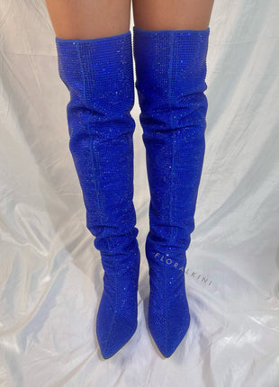 Diamante Crystal-Embellished Point Toe Over The Knee Block Heeled Boots - Blue