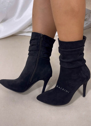 Faux Suede Ruched Detailed Mid-Calf Slouch Stiletto Heel Boots