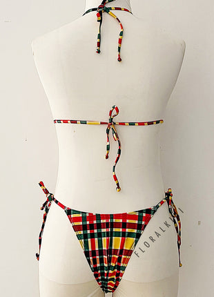 Multi Gingham Triangle Halter Tie Side Bikini Set