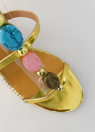 Metallic Gold High Block Heeled Sandals With Gemstone T-Strap
