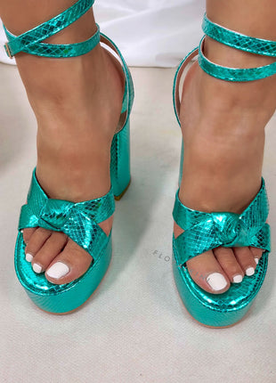 Metallic Bow Detail Statement Platform Block Heel - Turquoise