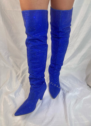 Diamante Crystal-Embellished Point Toe Over The Knee Block Heeled Boots - Blue