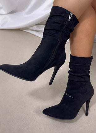 Faux Suede Ruched Detailed Mid-Calf Slouch Stiletto Heel Boots