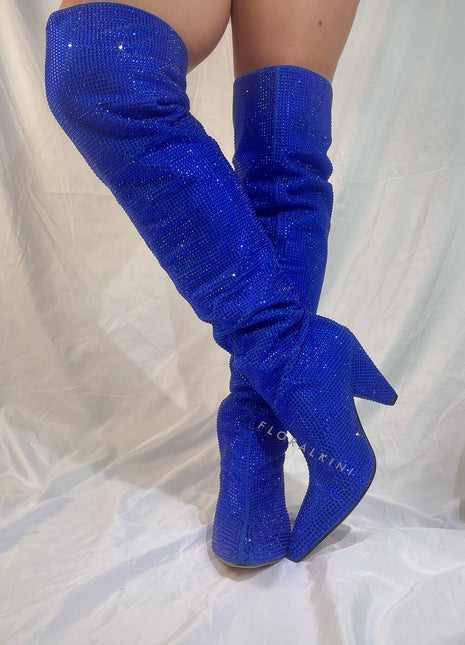 Diamante Crystal-Embellished Point Toe Over The Knee Block Heeled Boots - Blue