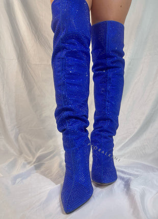 Diamante Crystal-Embellished Point Toe Over The Knee Block Heeled Boots - Blue