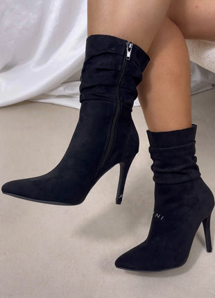 Faux Suede Ruched Detailed Mid-Calf Slouch Stiletto Heel Boots
