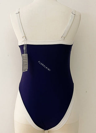 مايوه قطعة واحدة عالي الخصر بتصميم متباين الألوان - كحلي وأبيض