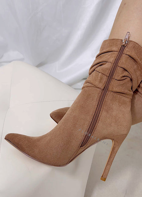 Faux Suede Ruched Detailed Mid-Calf Slouch Stiletto Heel Boots