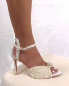 Pearl-Embellished Peep Toe Ankle Stiletto Heels