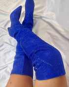 Diamante Crystal-Embellished Point Toe Over The Knee Block Heeled Boots - Blue