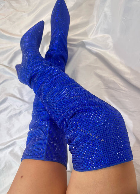 Diamante Crystal-Embellished Point Toe Over The Knee Block Heeled Boots - Blue