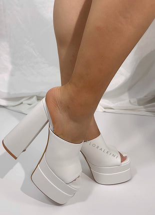 Double Chunky Platform High Heeled Mules - White