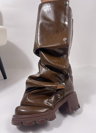 Ruffled Popper Detail Mid-Calf Platform Combat Boots - Brown