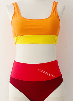Color Block Crop Longline High Waist Bikini Set - Orange