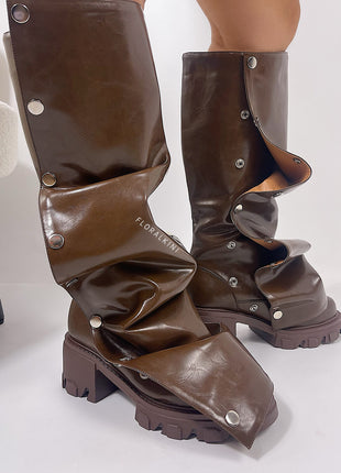 Ruffled Popper Detail Mid-Calf Platform Combat Boots - Brown