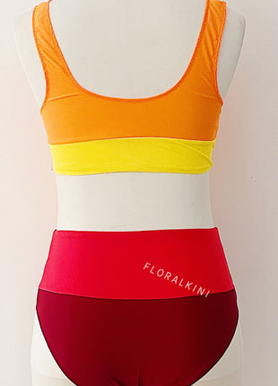 Color Block Crop Longline High Waist Bikini Set - Orange