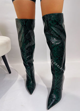 Python Effect Knee High Boots - Green