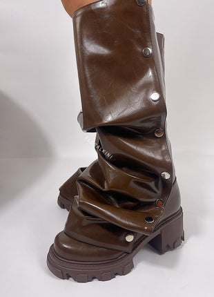 Ruffled Popper Detail Mid-Calf Platform Combat Boots - Brown