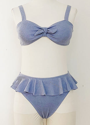 Light Blue Ribbed Front Tie Knot Bralette Bikini Top