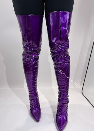 Patent Over The Knee Thigh High Stiletto Boots - Purple/Hot Pink/Lime